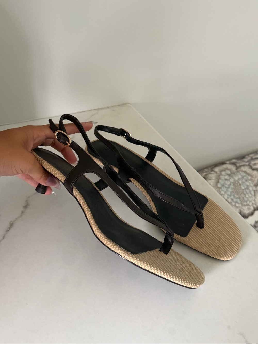 H&M Black Strap Sandals with Beige Woven Footbed